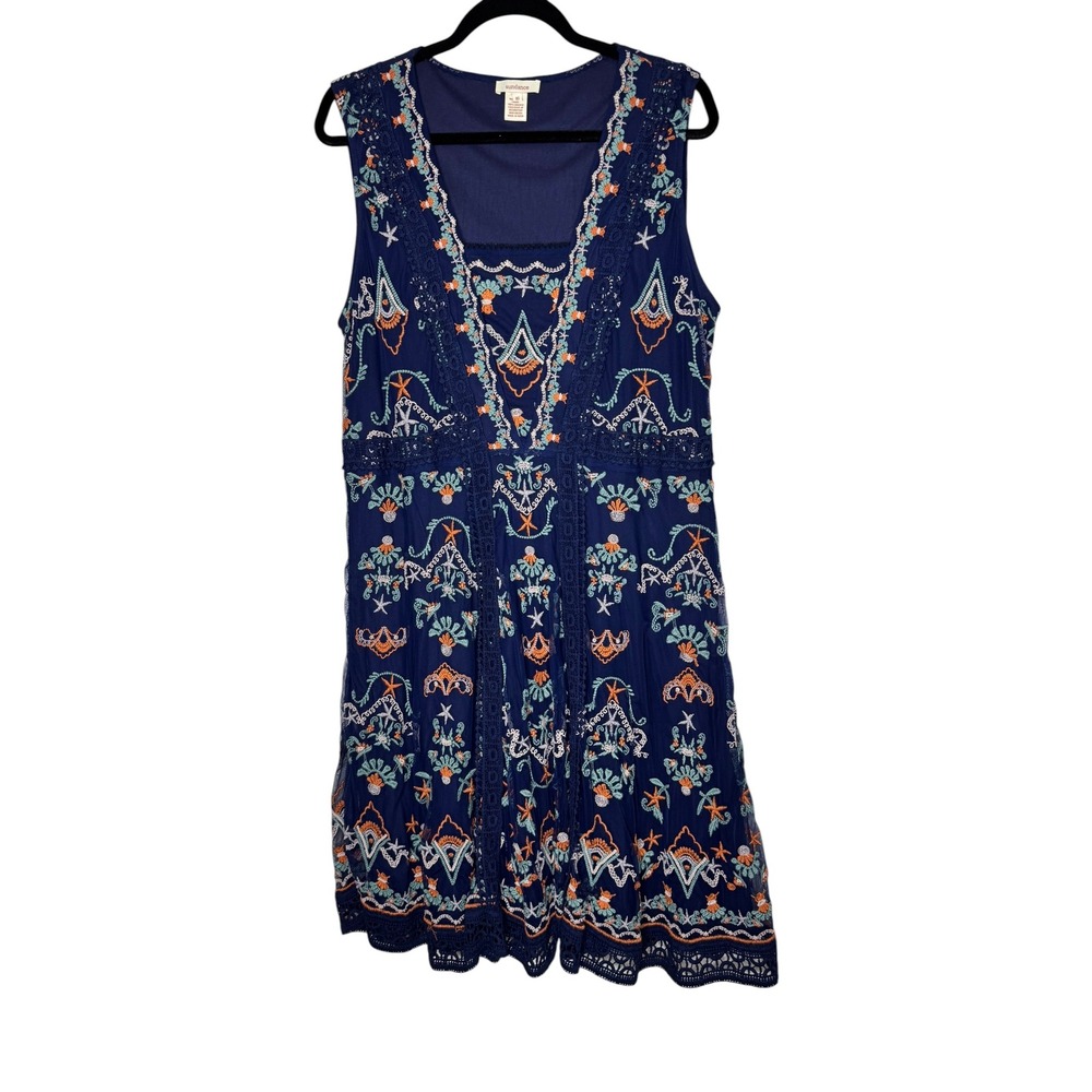 Sundance Sheena Embroidered Mesh Lace Trim Dress Navy Blue Orange Women 16